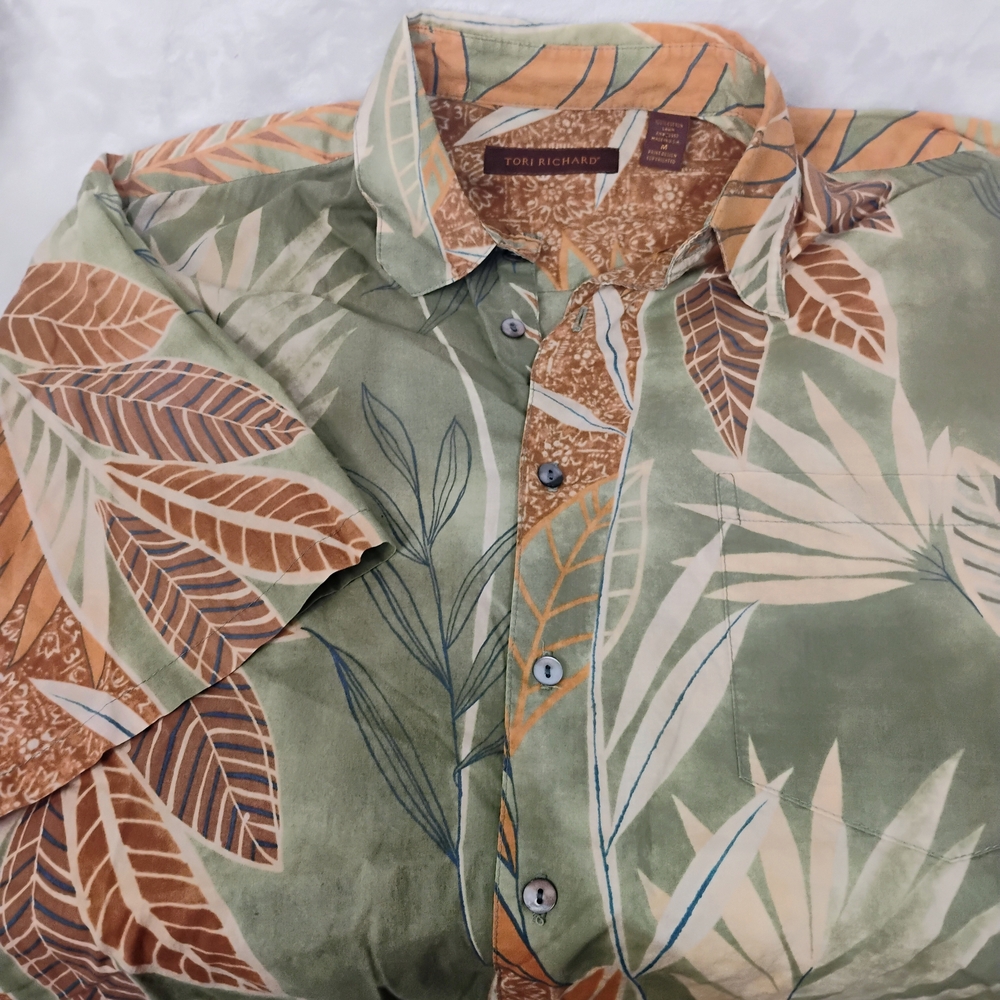 Vtg Tori Richard Hawaiian Safari Cotton Shirt Mens Medium USA Made Leaves H